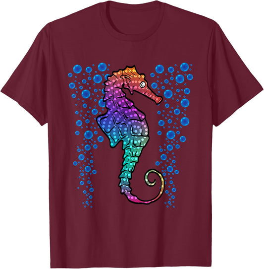 Colorful Sea Horse Print Ocean T-Shirt - T-Shirt | Maroon