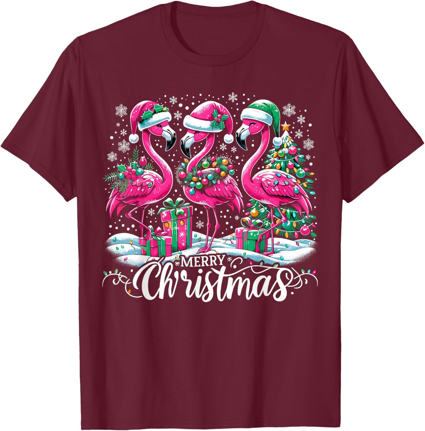 Merry Christmas Hat Santa Flamingo Light Christmas T-Shirt - T-Shirt | Maroon