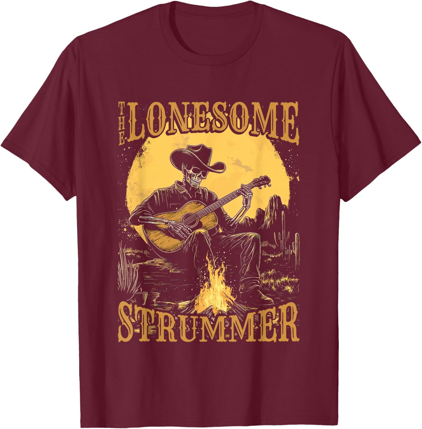The Lonesome Strummer Acoustic Guitar Playing Skeleton T-Shirt - T-Shirt | Maroon