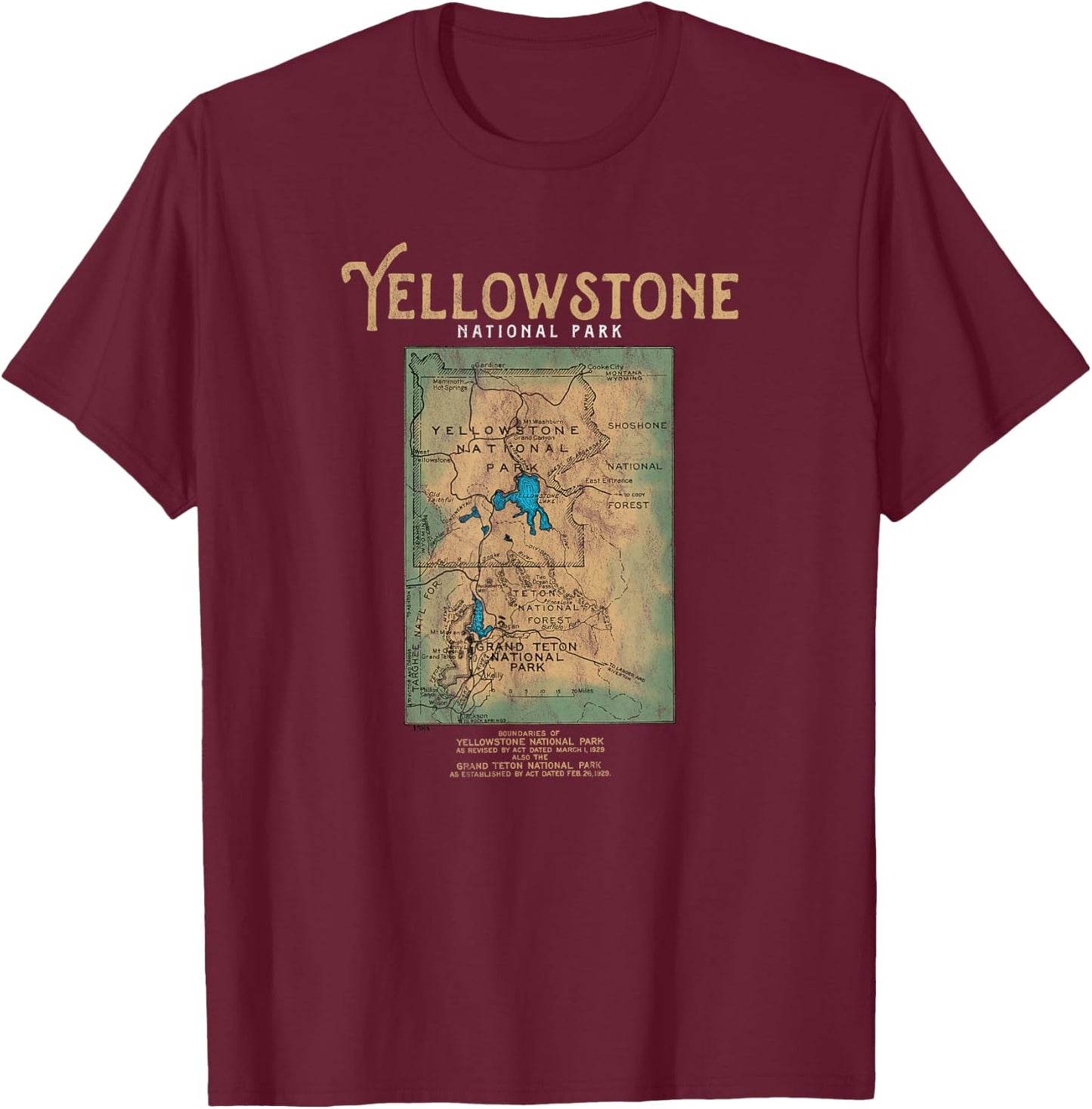 Retro Yellowstone and Grand Teton National Park Map T-Shirt - T-Shirt | Maroon