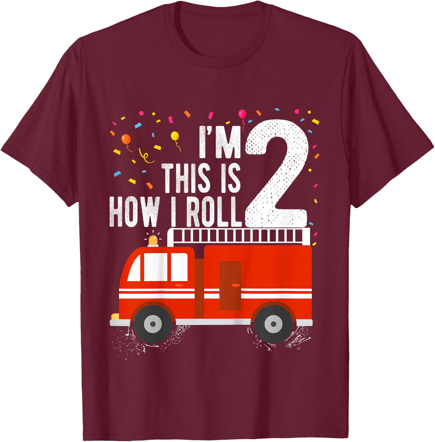 Fire Truck 2nd Birthday Boy 2 Year Old Firefighter T-Shirt - T-Shirt | Maroon
