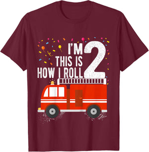 Fire Truck 2nd Birthday Boy 2 Year Old Firefighter T-Shirt - T-Shirt | Maroon