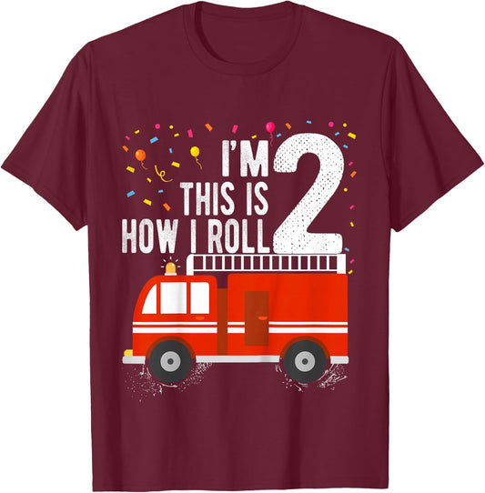 Fire Truck 2nd Birthday Boy 2 Year Old Firefighter T-Shirt - T-Shirt | Maroon