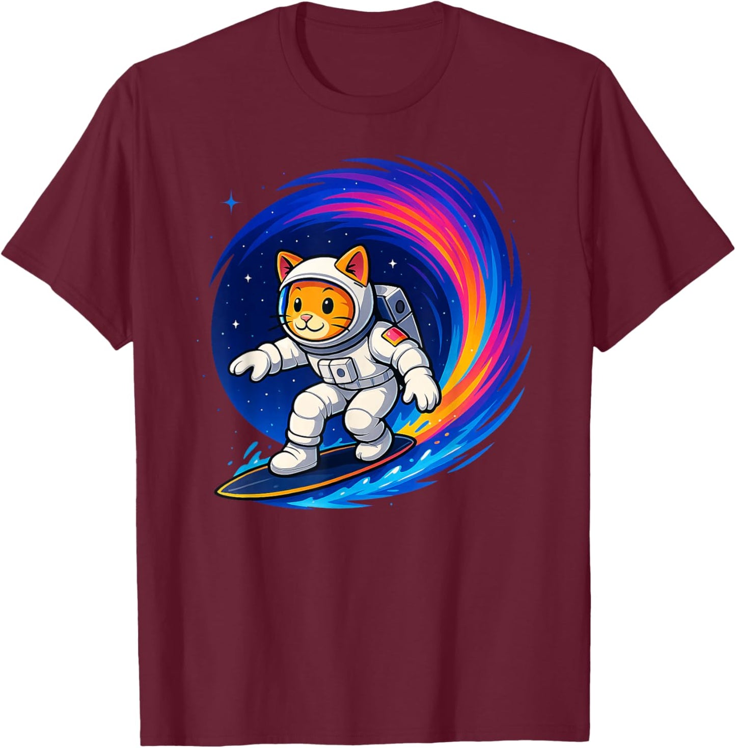 Funny Orange Cat Astronaut Surfing Colorful Rainbow Space T-Shirt - T-Shirt | Maroon