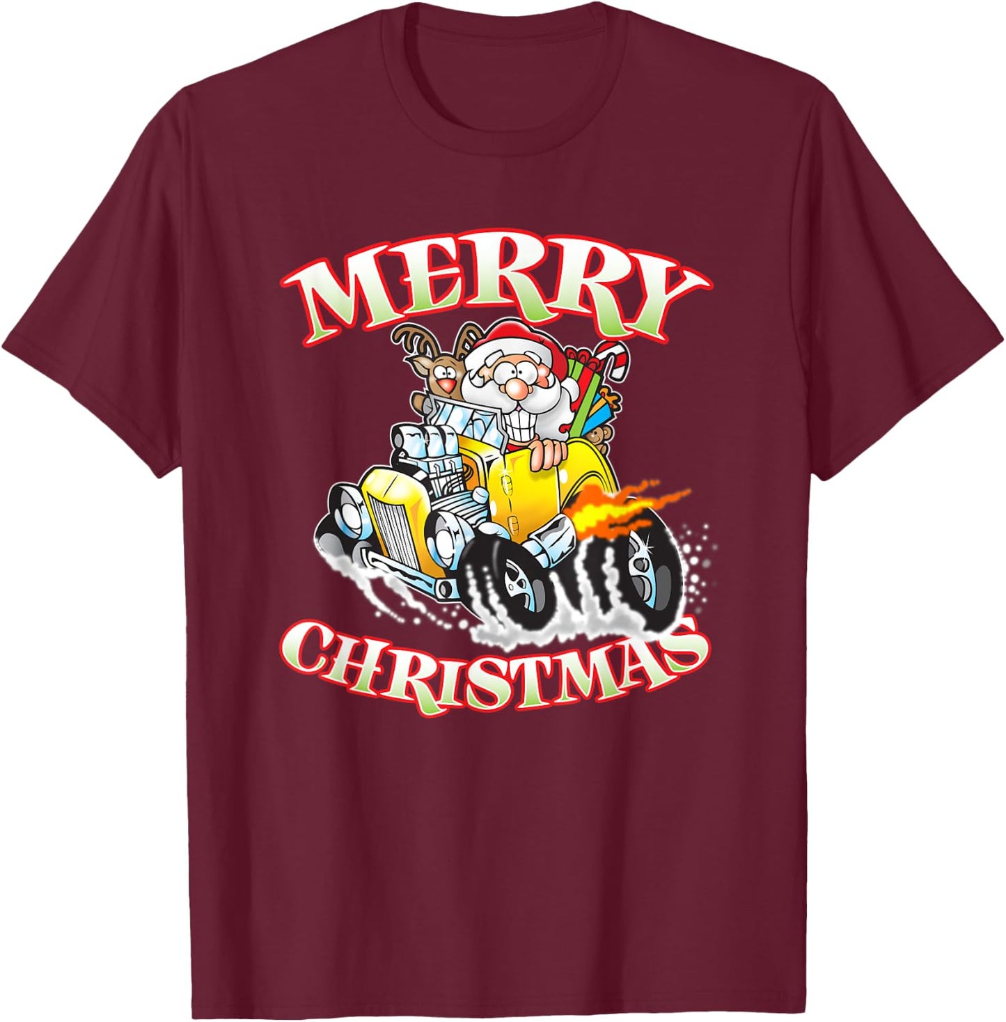 Funny Merry Christmas Santa Reindeer Hot Rod Coupe T-Shirt - T-Shirt | Maroon