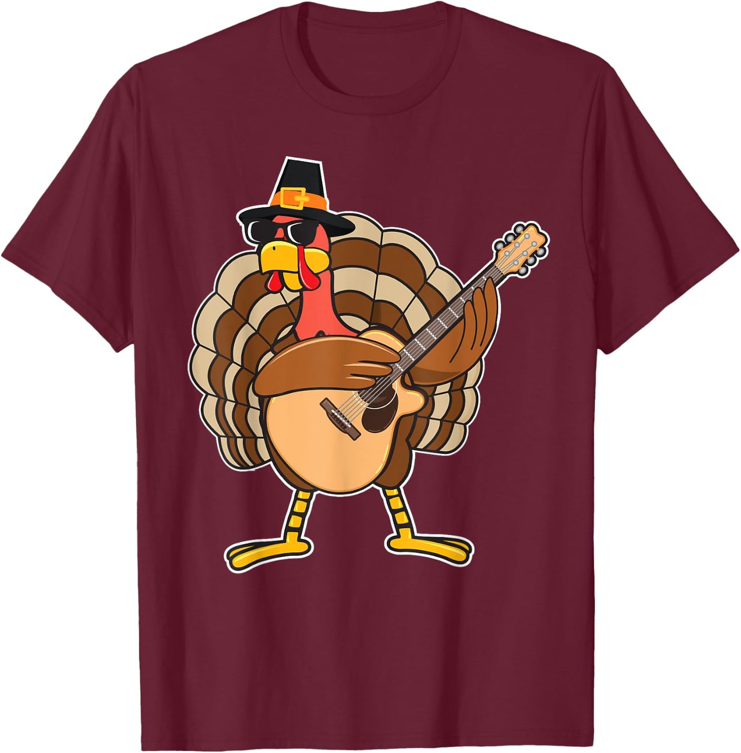 Turkey Playing Guitar Thanksgiving T-Shirt - T-Shirt | Maroon