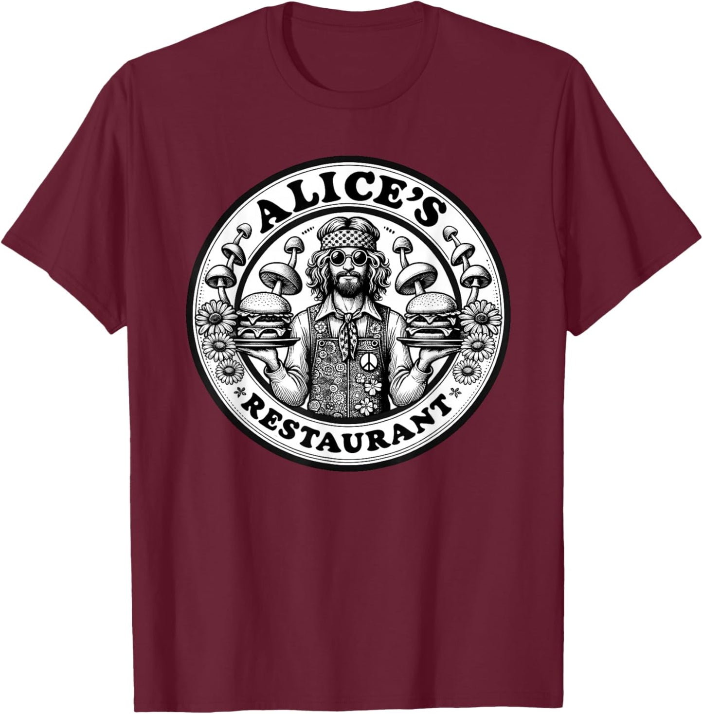 Retro Hippie Mushroom Hamburger Waiter Alice's Restaurant T-Shirt - T-Shirt | Maroon