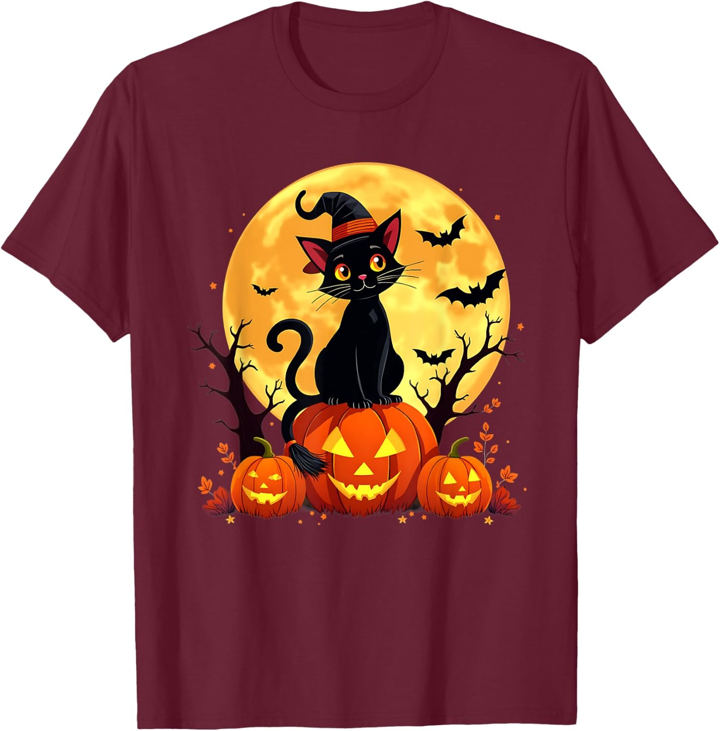 Retro Black Cat Pumpkin Halloween Costume Fall Autumn Season Women Kids T-Shirt - T-Shirt | Maroon