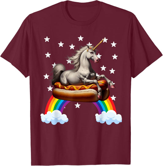 Unicorn Riding Hot Dog Boys Girls Women Kids Teen Mother Mom T-Shirt - T-Shirt | Maroon