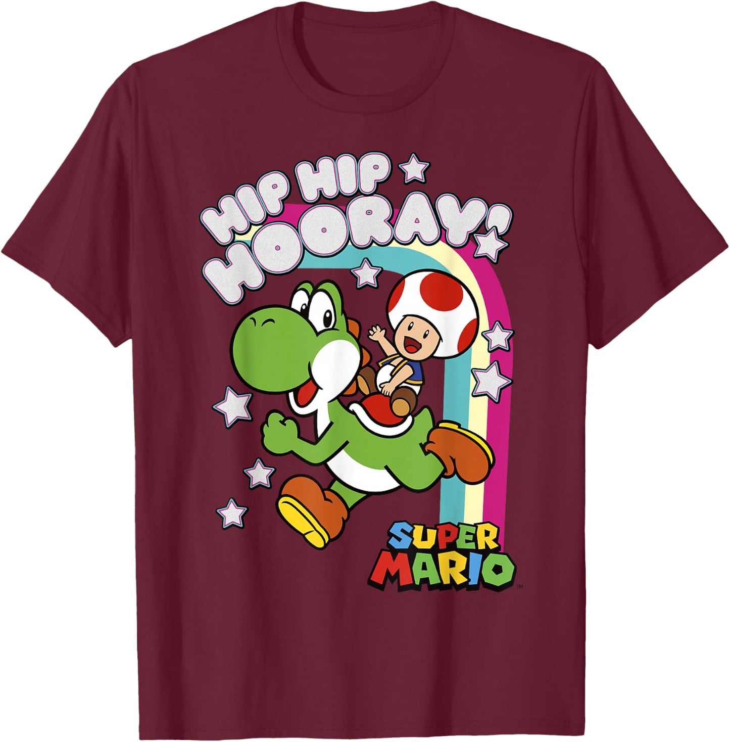 Super Mario Yoshi and Toad Hip Hip Hooray Rainbow T-Shirt - T-Shirt | Maroon