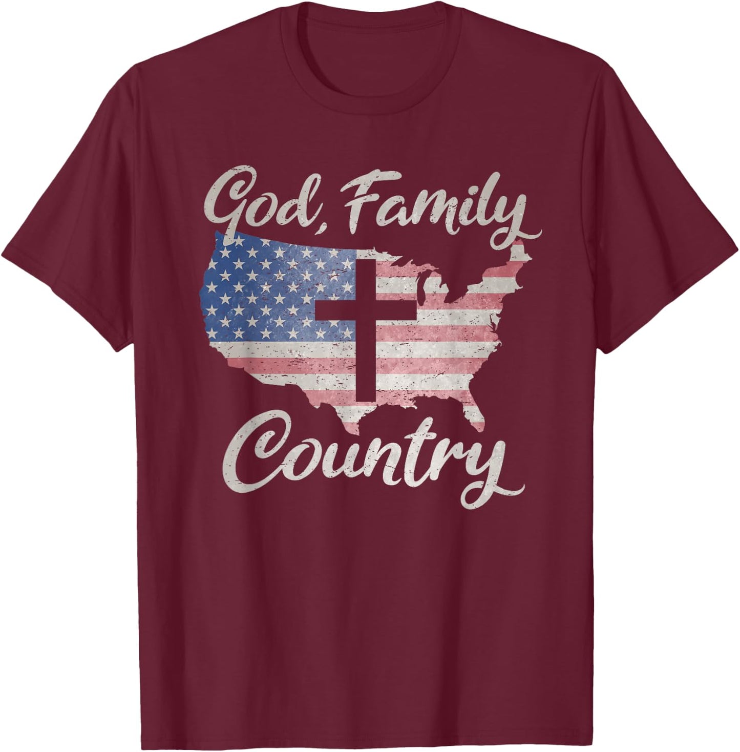 GOD FAMILY COUNTRY Christian Cross Vintage USA American Flag T-Shirt - T-Shirt | Maroon