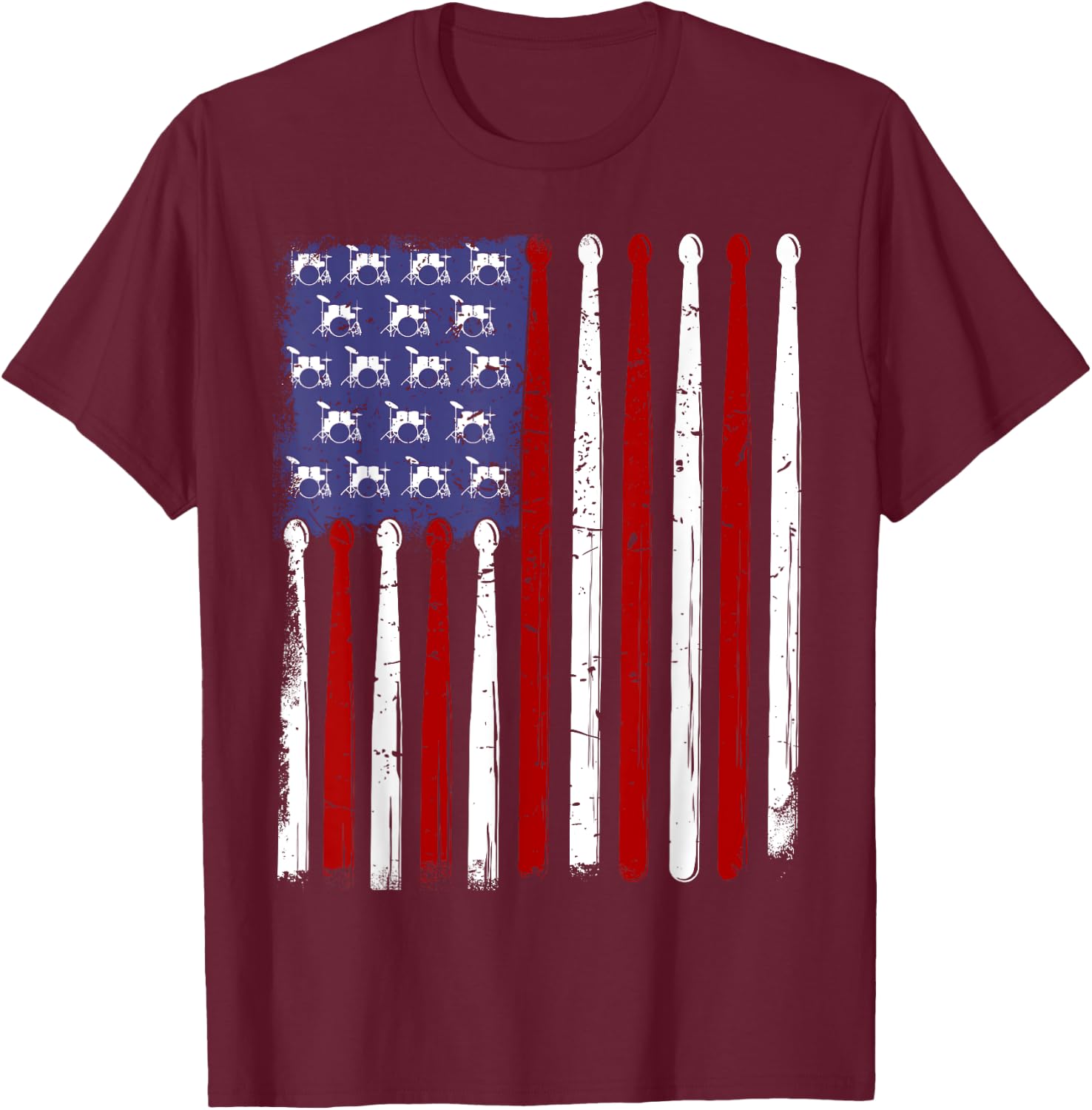 American Flag Drumsticks Vintage Drummer T-Shirt - T-Shirt | Maroon