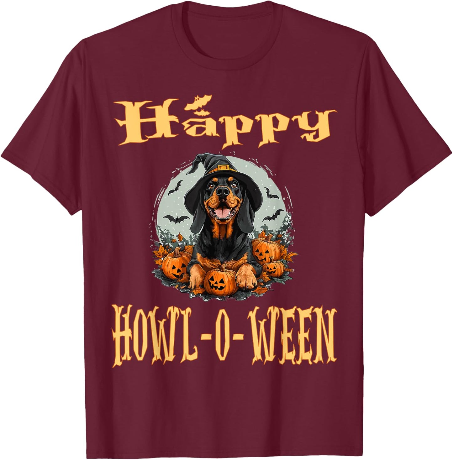 Black And Tan Coonhound Dog Whitch Hat Halloween Pumpkin Men Women Kids T-Shirt - T-Shirt | Maroon