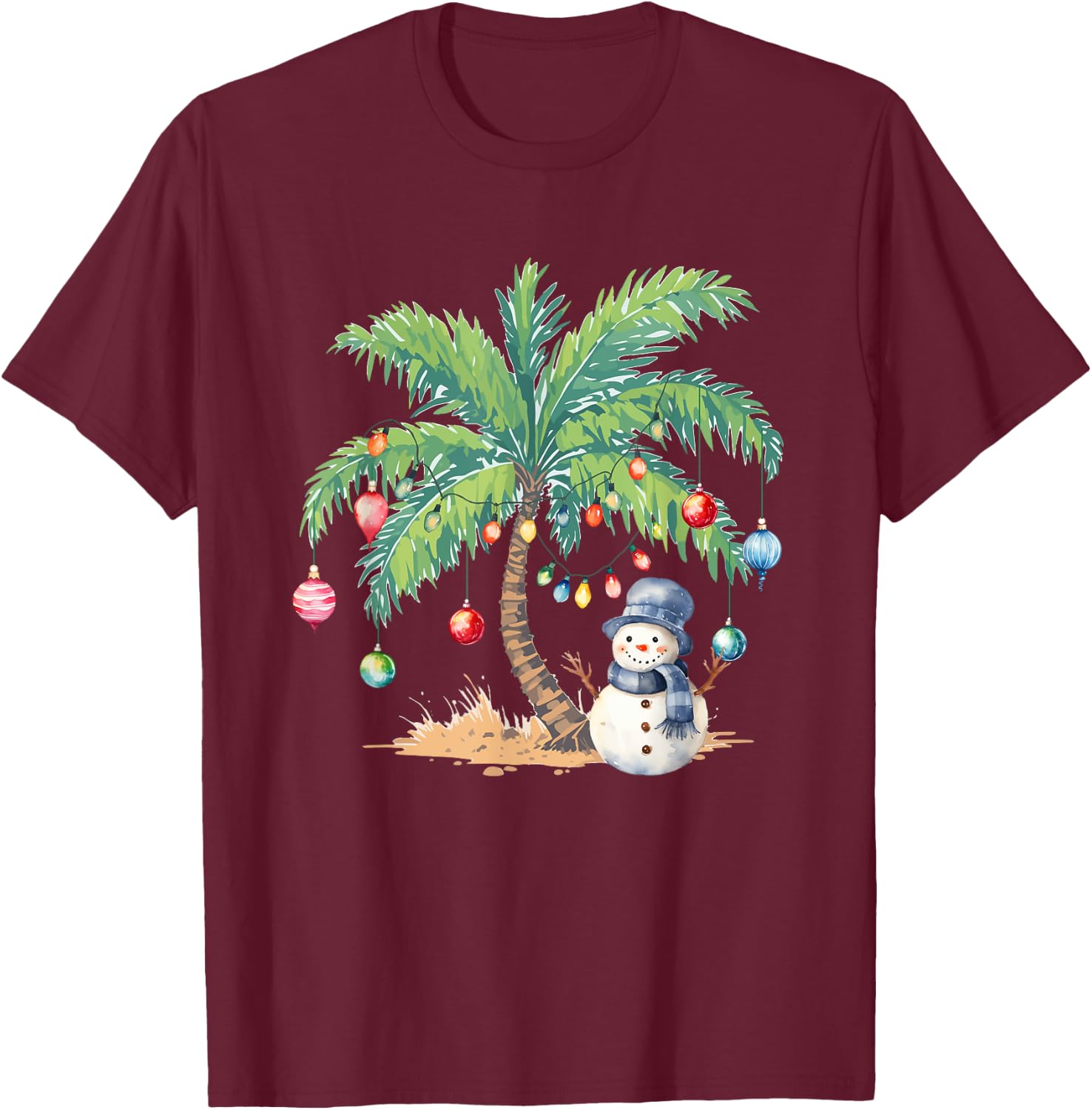 Vintage Palm Tree Snowman Tropical Christmas Deck The Palms T-Shirt - T-Shirt | Maroon