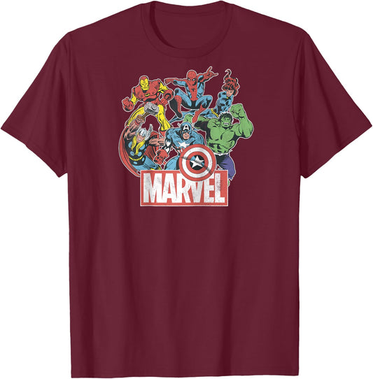 Marvel Avengers Team Retro Comic Vintage Raglan Baseball T-Shirt - T-Shirt | Maroon