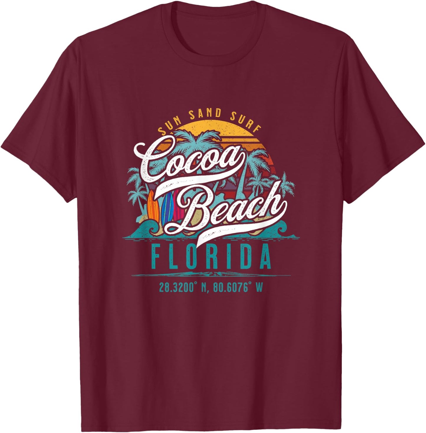 Cocoa Beach Florida Retro Sun Sand Surf Surfing Palm Trees T-Shirt - T-Shirt | Maroon