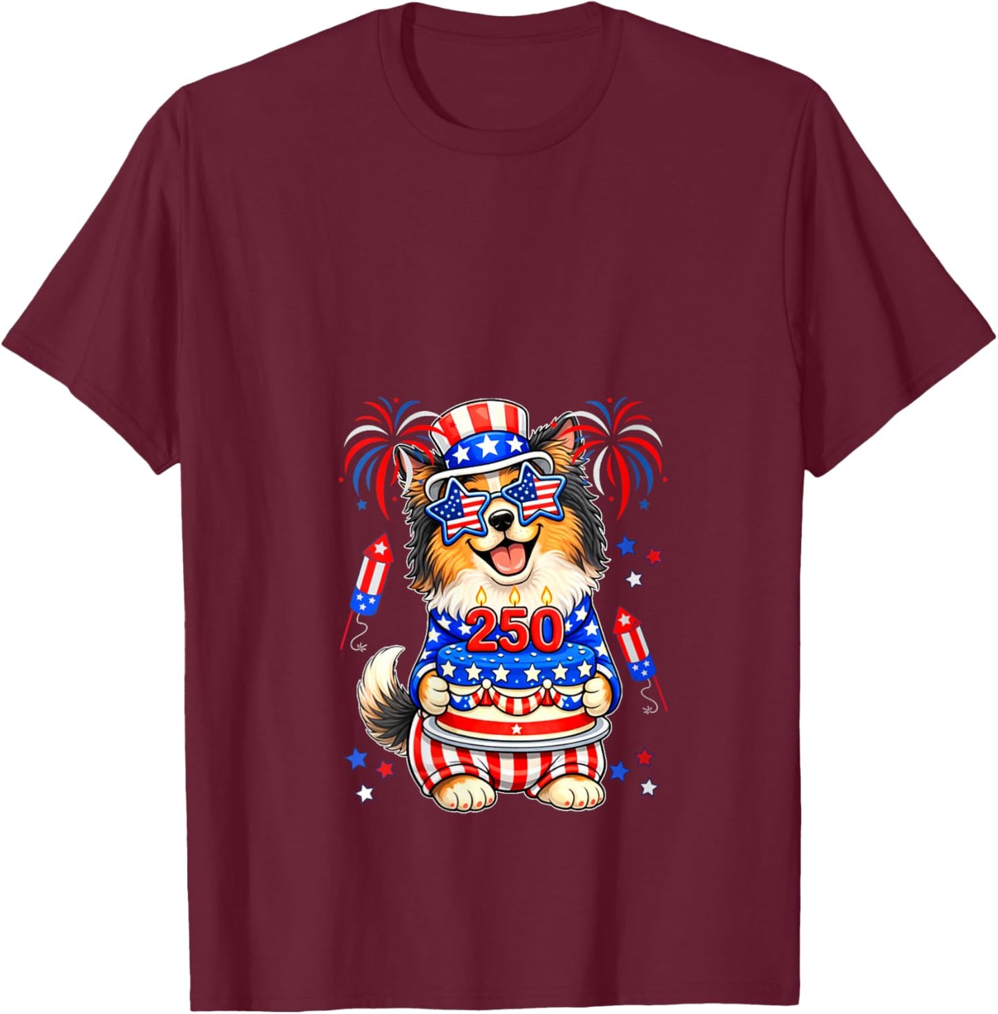 Women's 250 Proud 4th July US Flag Sheltie Sunglasses Birthday Cake V-Neck T-Shirt - T-Shirt | Maroon