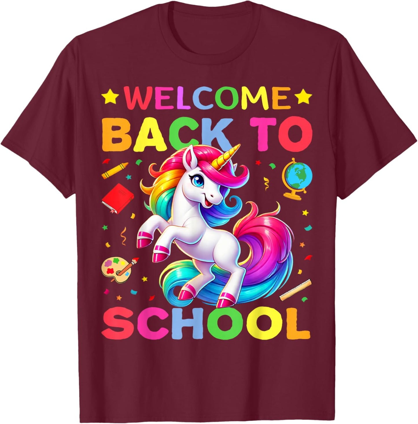 Retro Welcome Back to School Teacher Boys Girls Unicorn T-Shirt - T-Shirt | Maroon