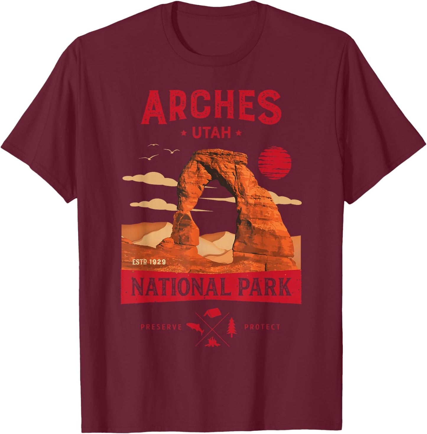Arches National Park Delicate Arch Vintage Utah Retro Hiking T-Shirt - T-Shirt | Maroon