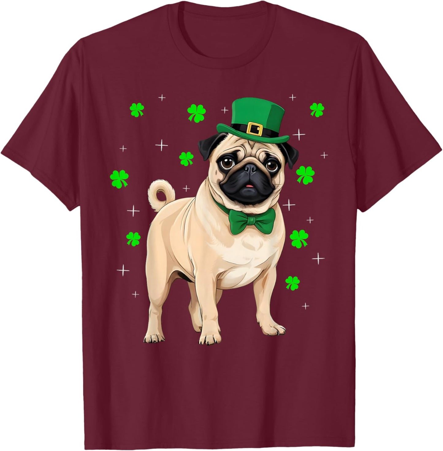 Irish Shamrock Leprechaun Hat Pug Dogs St Patrick's Day T-Shirt - T-Shirt | Maroon