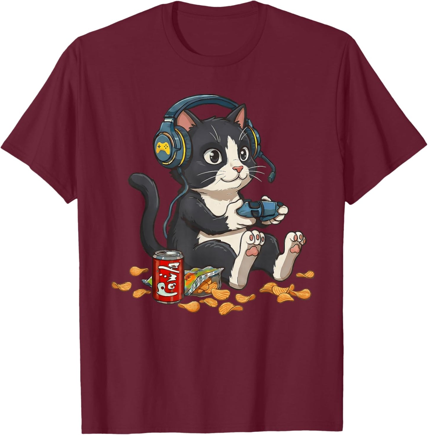 Tuxedo Cat Video Gamer Controller PC Console Gaming Nerd T-Shirt - T-Shirt | Maroon