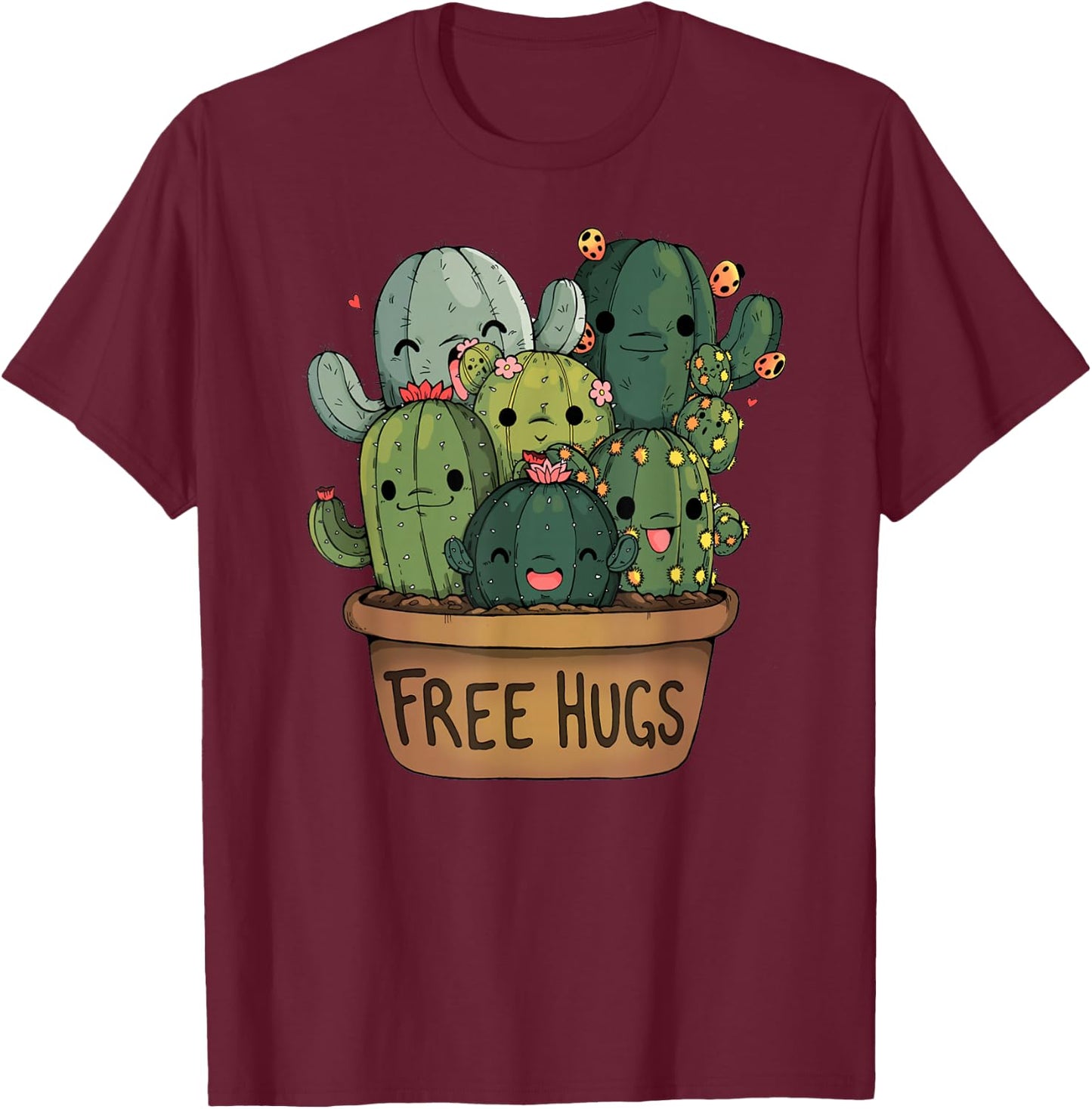 Free Cactus Hugs | Cute Funny Cactus Present Friendly T-Shirt - T-Shirt | Maroon