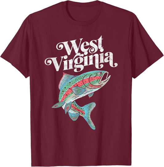 West Virginia Rainbow Trout Fishing Vintage Retro Graphic T-Shirt - T-Shirt | Maroon