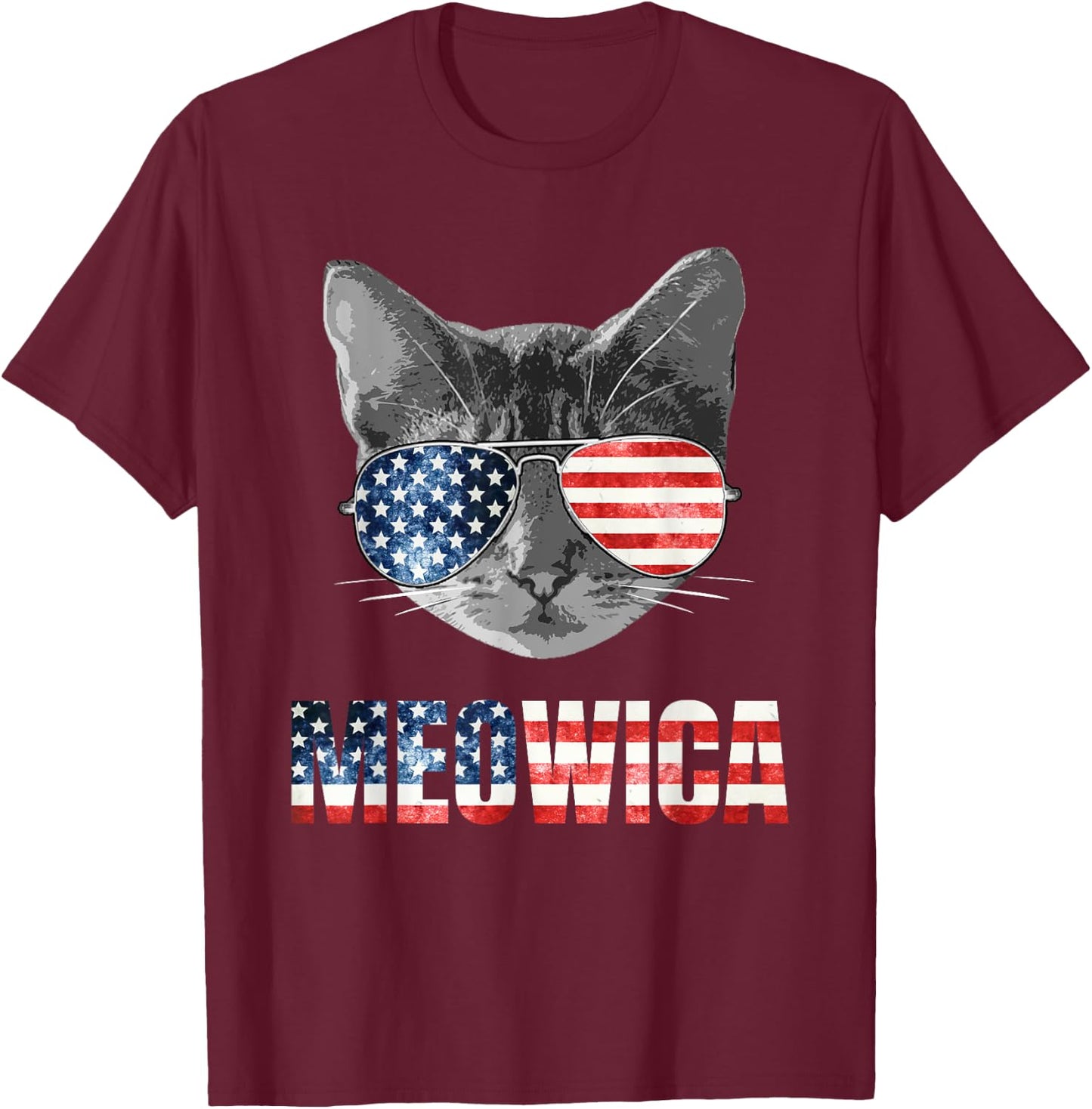 Meowica Funny Cat Patriotic USA Shirt American Flag T-Shirt - T-Shirt | Maroon