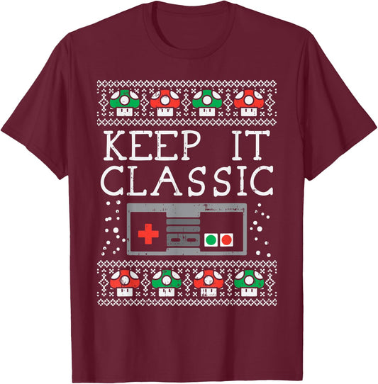 Keep It Classic Video Game Retro Ugly Christmas Gamer PJ T-Shirt - T-Shirt | Maroon
