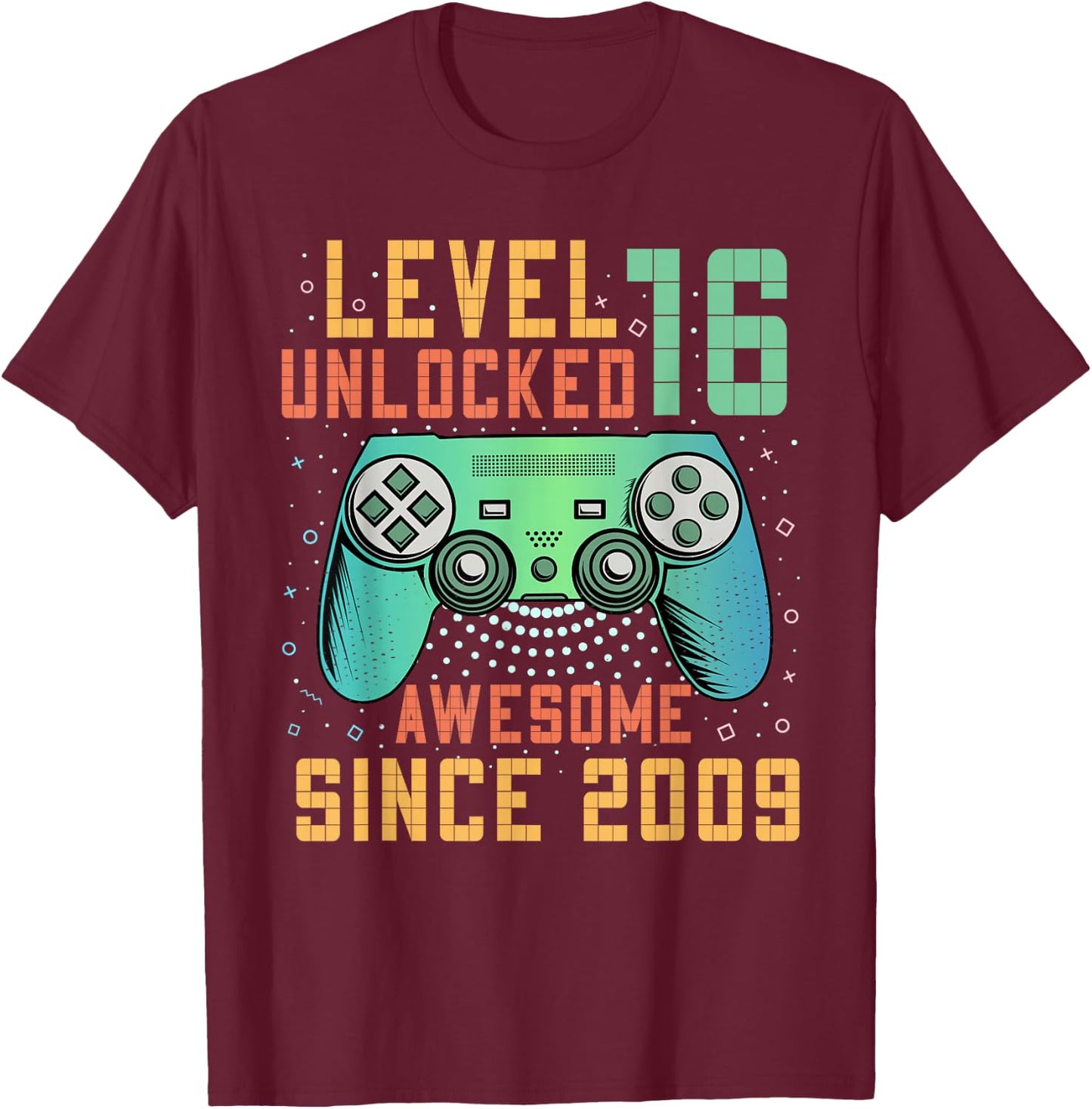 Awesome Since 2009 16 Birthday Boy Gamer Gifts Level 16 Unlocked 16th Birthday Black Kids Boys Gaming Retro Controller Design Classic Fit Short Sleeve T-Shirt - T-Shirt | Maroon