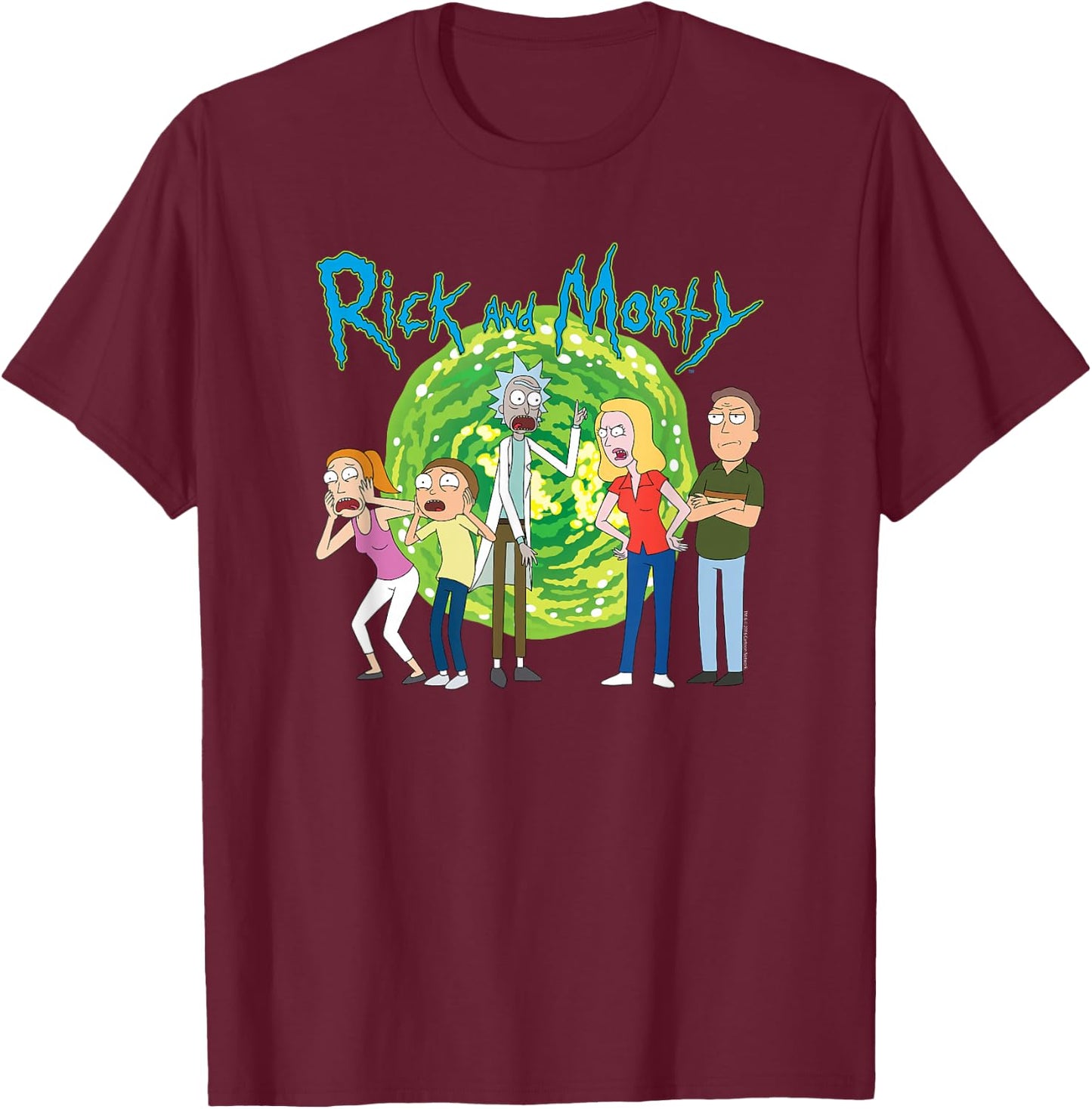 Rick & Morty Family Group Portal with Logo Small T-Shirt - T-Shirt | Maroon