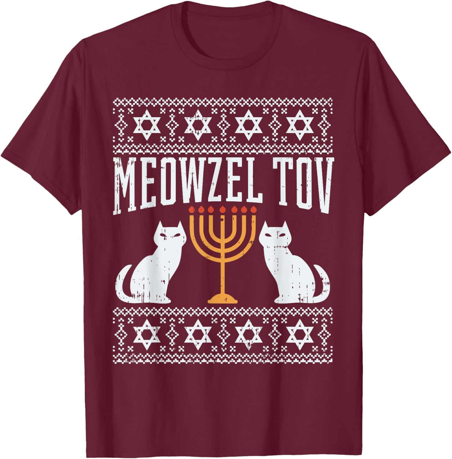 Meowzel Tov Chanukah Jewish Cat Owner Ugly Hanukkah Gift T-Shirt - T-Shirt | Maroon