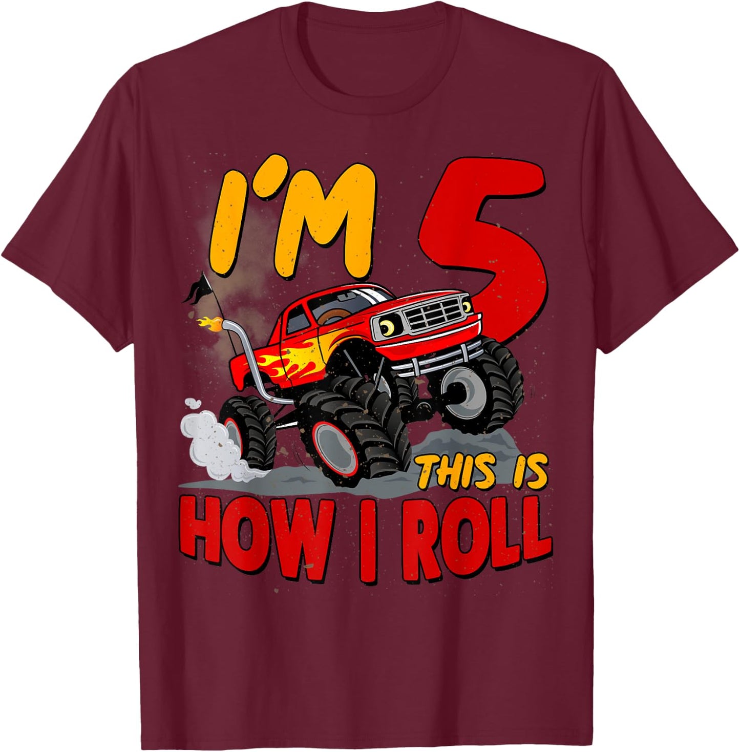 5th Birtdhay T Shirt Monster Truck 5 Years Old Boy Gift T-Shirt - T-Shirt | Maroon