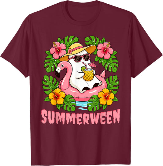 Summerween Funny Ghost Halloween Summer Floral Women Kids T-Shirt - T-Shirt | Maroon