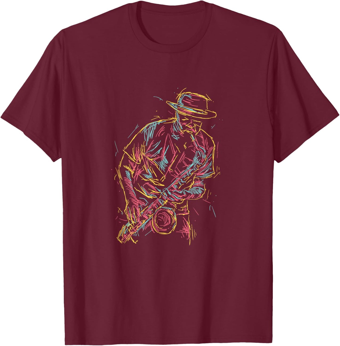 Jazz Saxophone Player Colourful Abstract Art Sax Musician Fan T-Shirt - T-Shirt | Maroon
