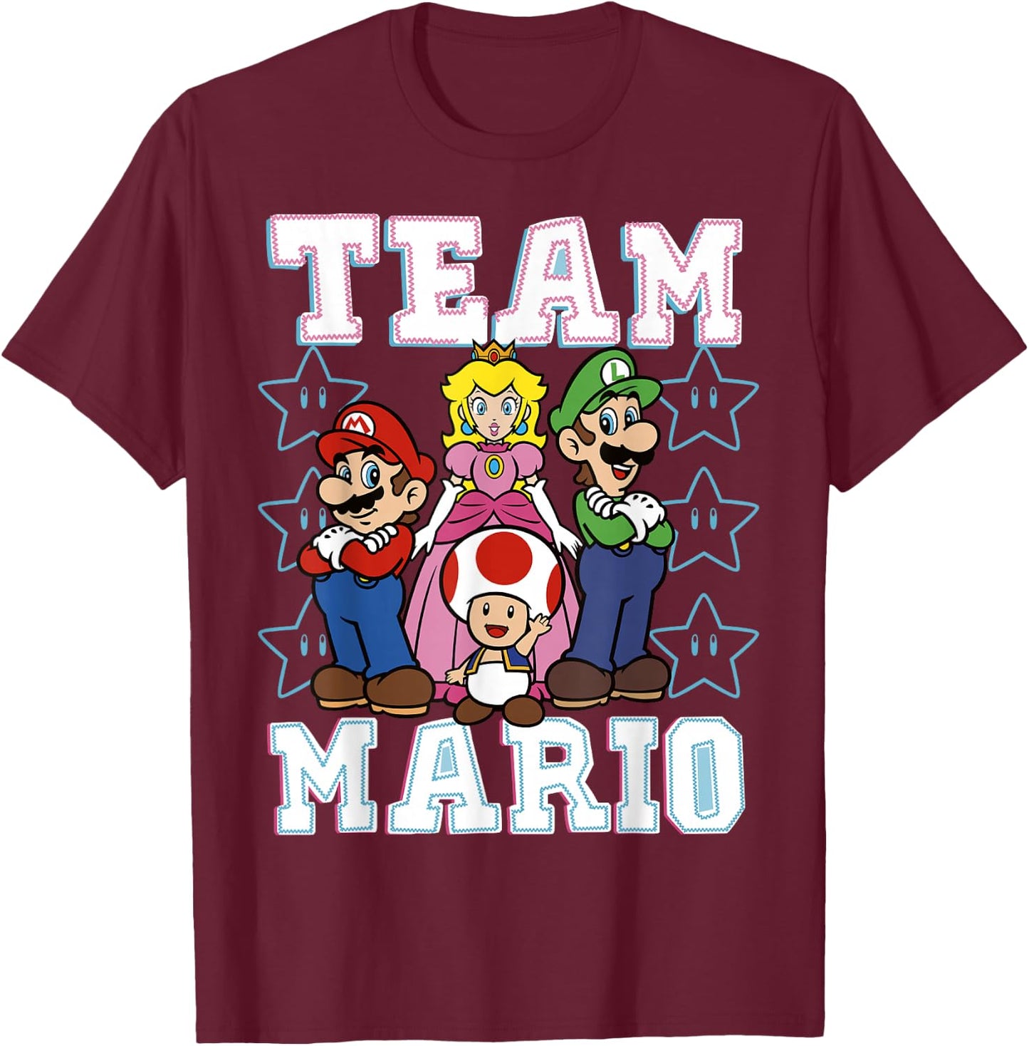 Super Mario Team Mario Group Shot Star Background Poster T-Shirt - T-Shirt | Maroon