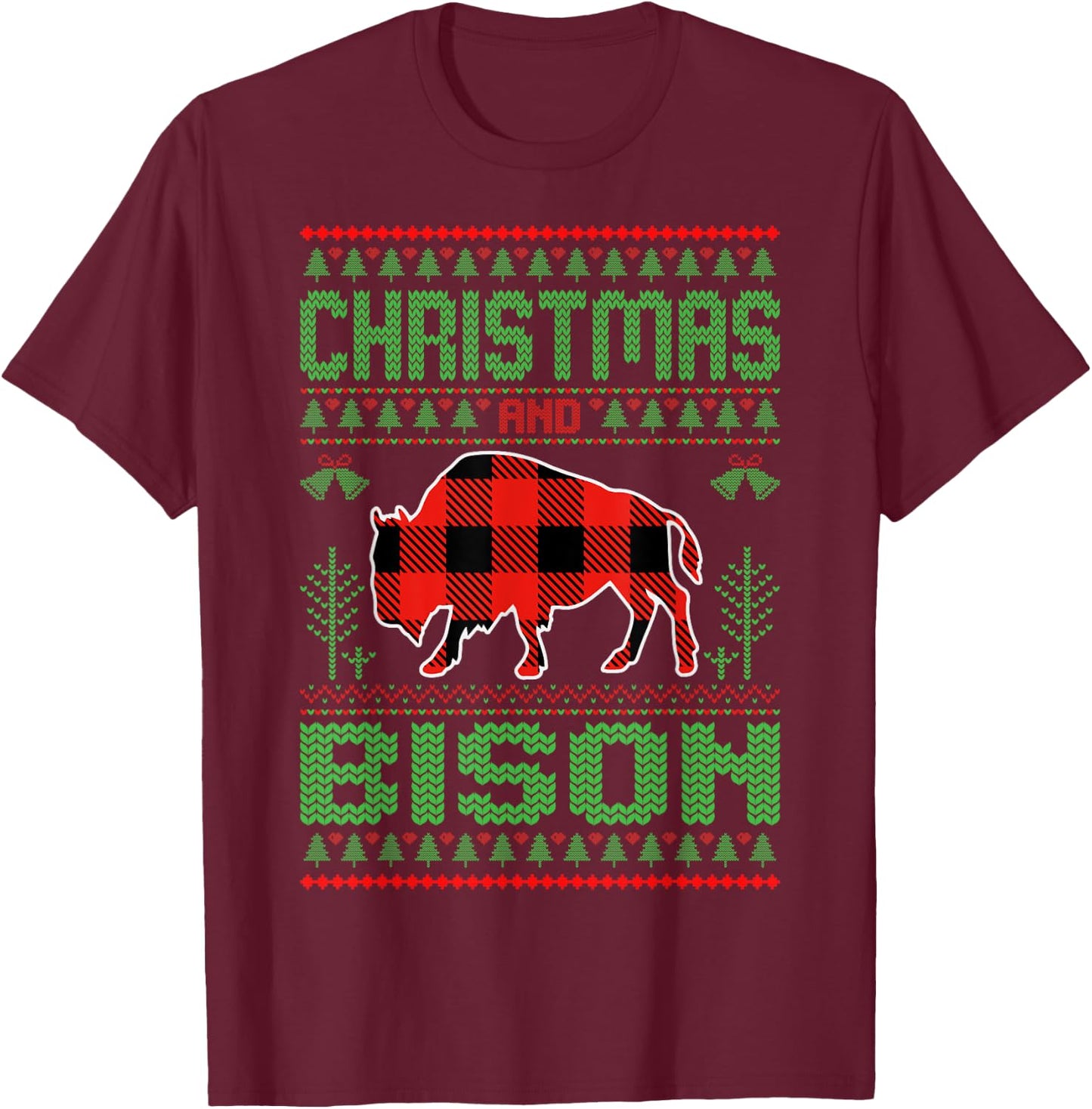Christmas And Bison Xmas Holidays Ugly Christmas Bison T-Shirt - T-Shirt | Maroon
