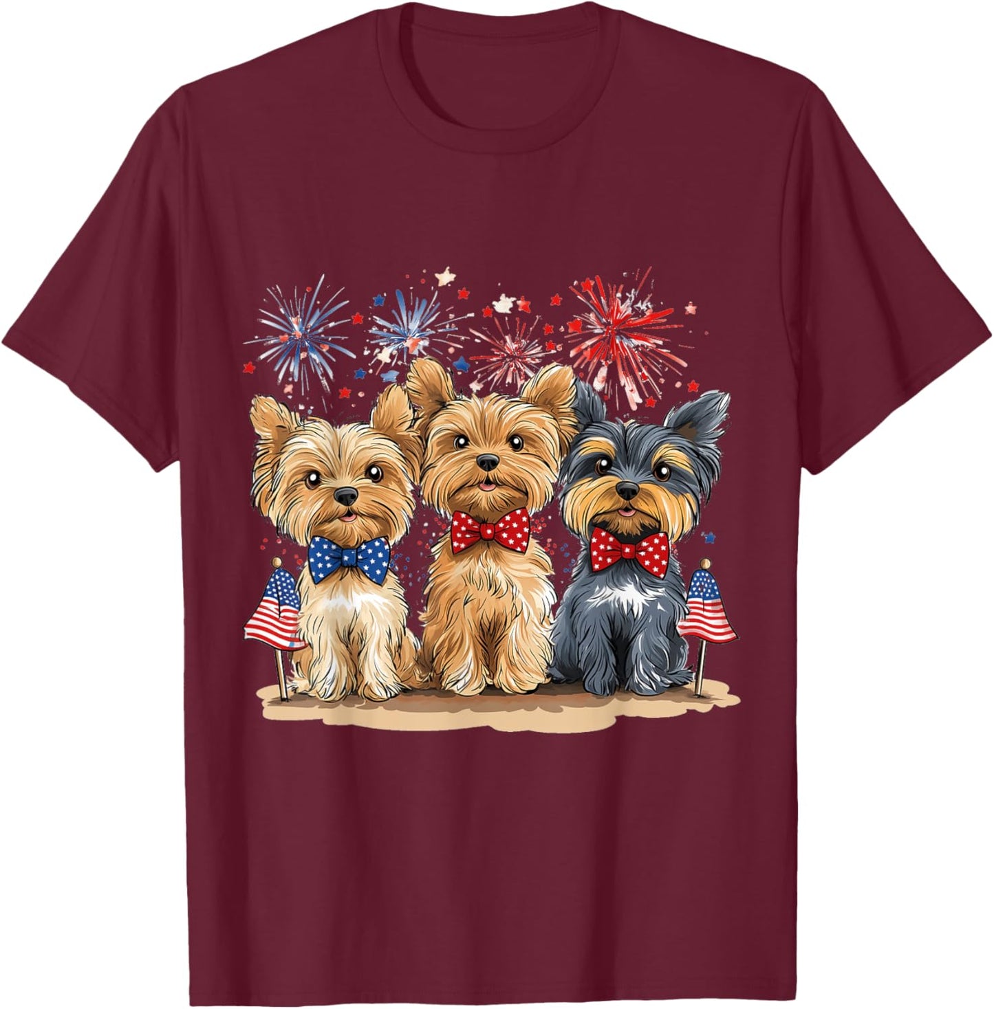 Happy 4th Of July Yorkshire Terrier Cute Dogs American Flag T-Shirt - T-Shirt | Maroon