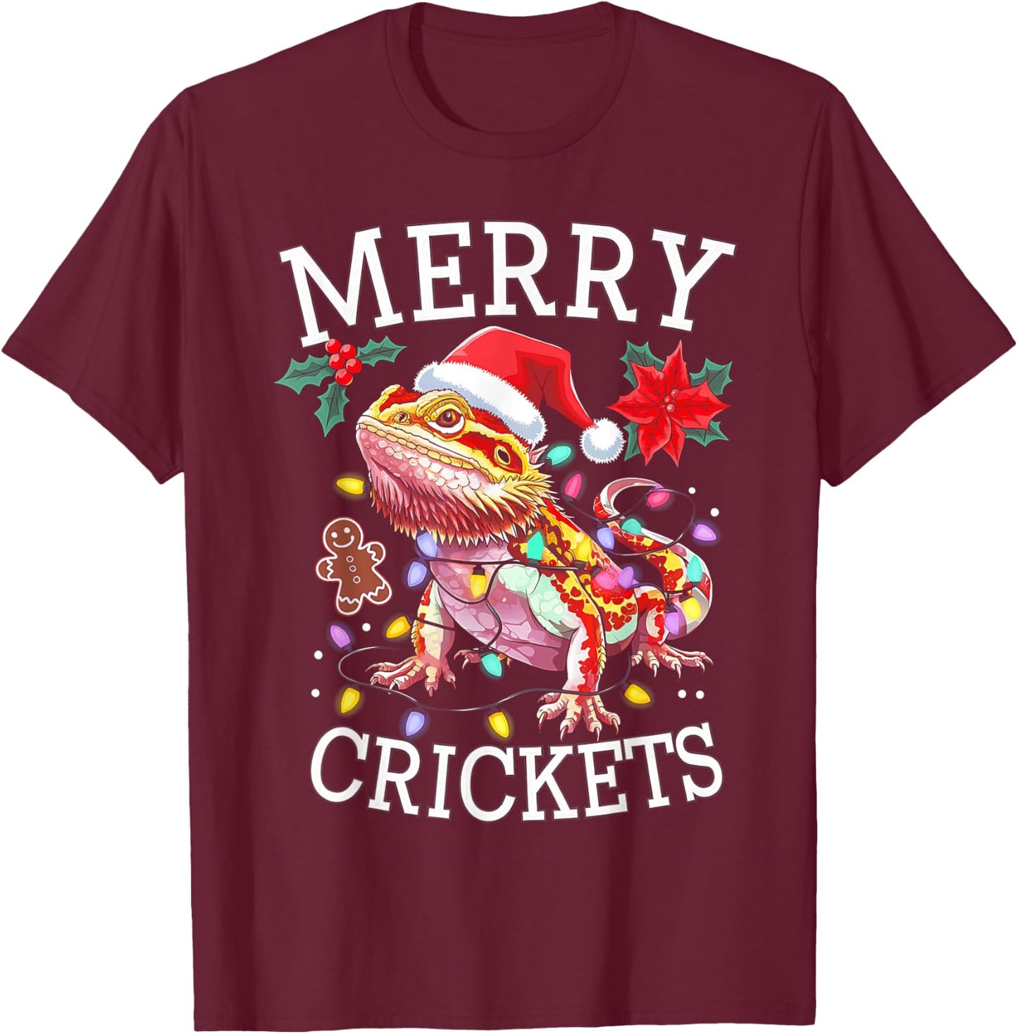 Bearded Dragon Christmas Lights Merry Crickets T-Shirt - T-Shirt | Maroon