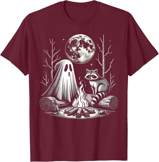 Funny Ghost With Raccoon For Campfire Lovers Halloween Vibes T-Shirt - T-Shirt | Maroon