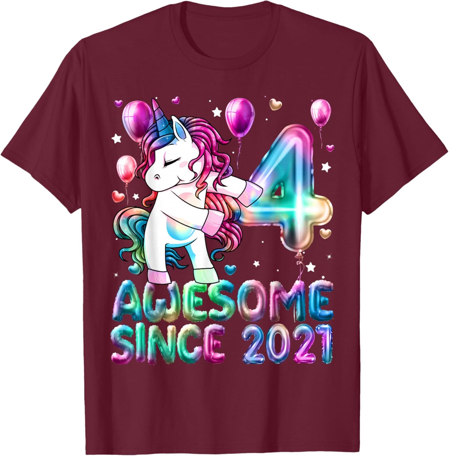 Flossing Unicorn 4 Year Old 4th Birthday Girl Unicorn Party T-Shirt - T-Shirt | Maroon