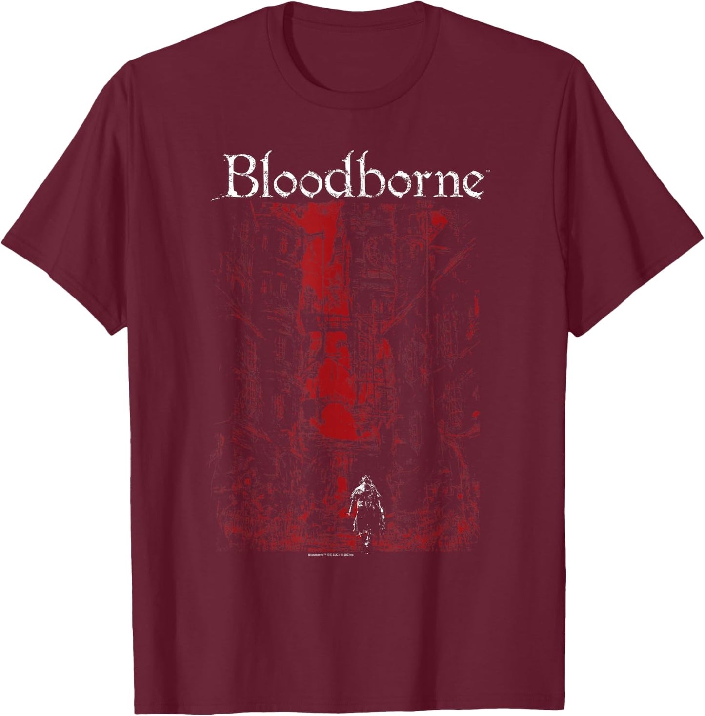 Bloodborne Red City Background with Logo Video Game T-Shirt - T-Shirt | Maroon
