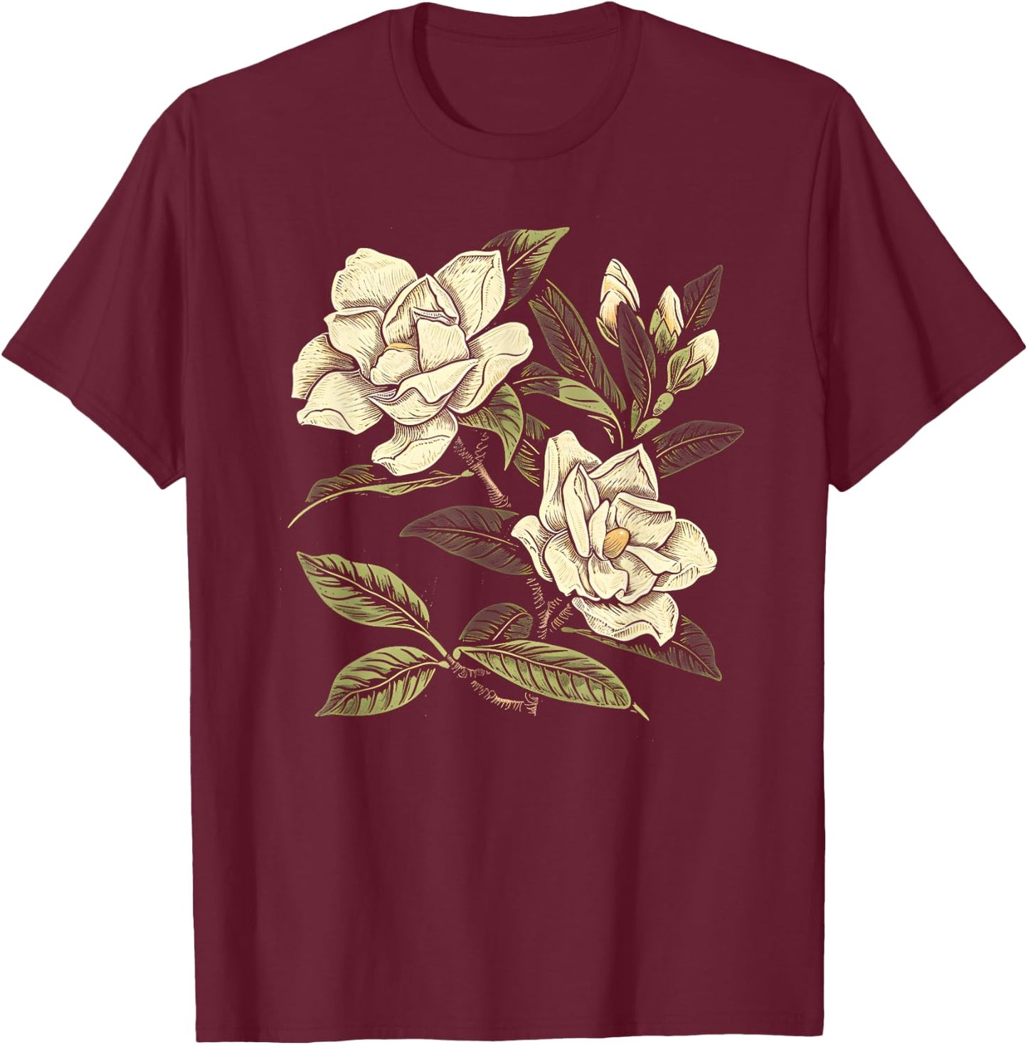 Vintage Botanical Gardenia Flower Girl Cute Floral Plant Mom T-Shirt - T-Shirt | Maroon