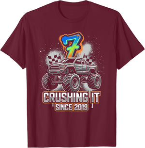 7th Birthday Monster Truck Crushing It Since 2019 T-Shirt - T-Shirt | Maroon