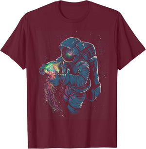 Space Rave T Shirt - Jelly Fish Rainbow Astronaut Friends T-Shirt - T-Shirt | Maroon