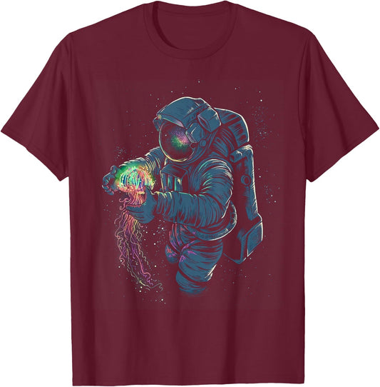 Space Rave T Shirt - Jelly Fish Rainbow Astronaut Friends T-Shirt - T-Shirt | Maroon