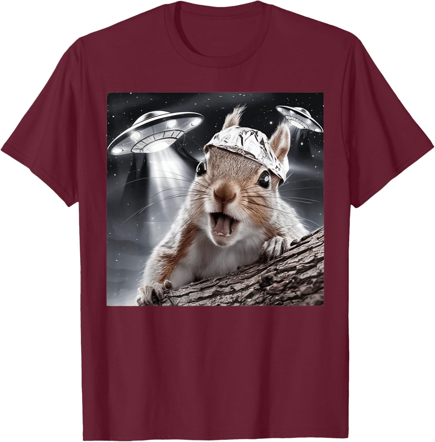 Funny Alien Squirrel Selfie Tin Foil Hat UFO Encounter Joke T-Shirt - T-Shirt | Maroon