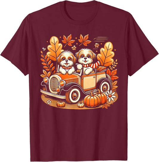 Vintage Fall Ride Shih Tzu Dogs T-Shirt - T-Shirt | Maroon