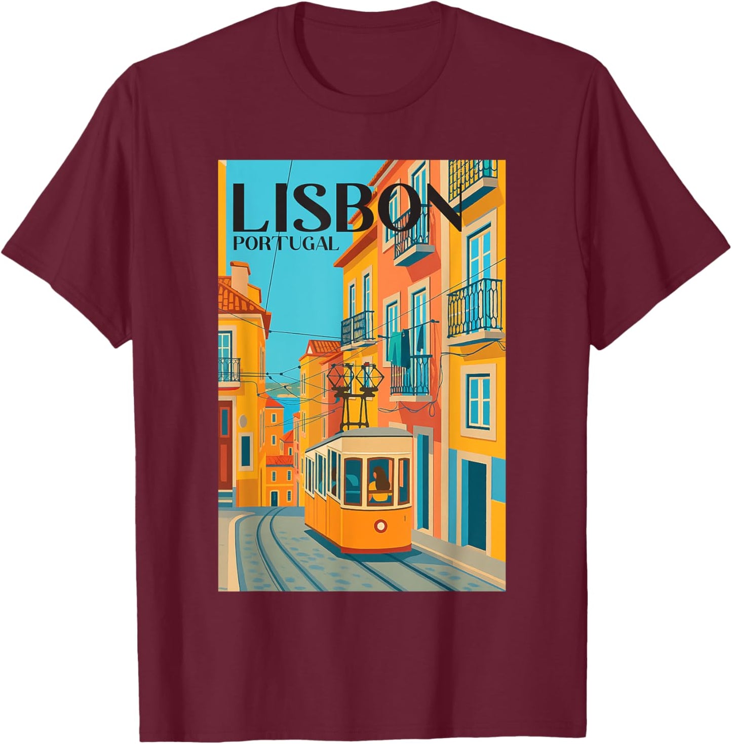 Lisbon Portugal Streetcar Retro Travel Art Vintage Europe T-Shirt - T-Shirt | Maroon