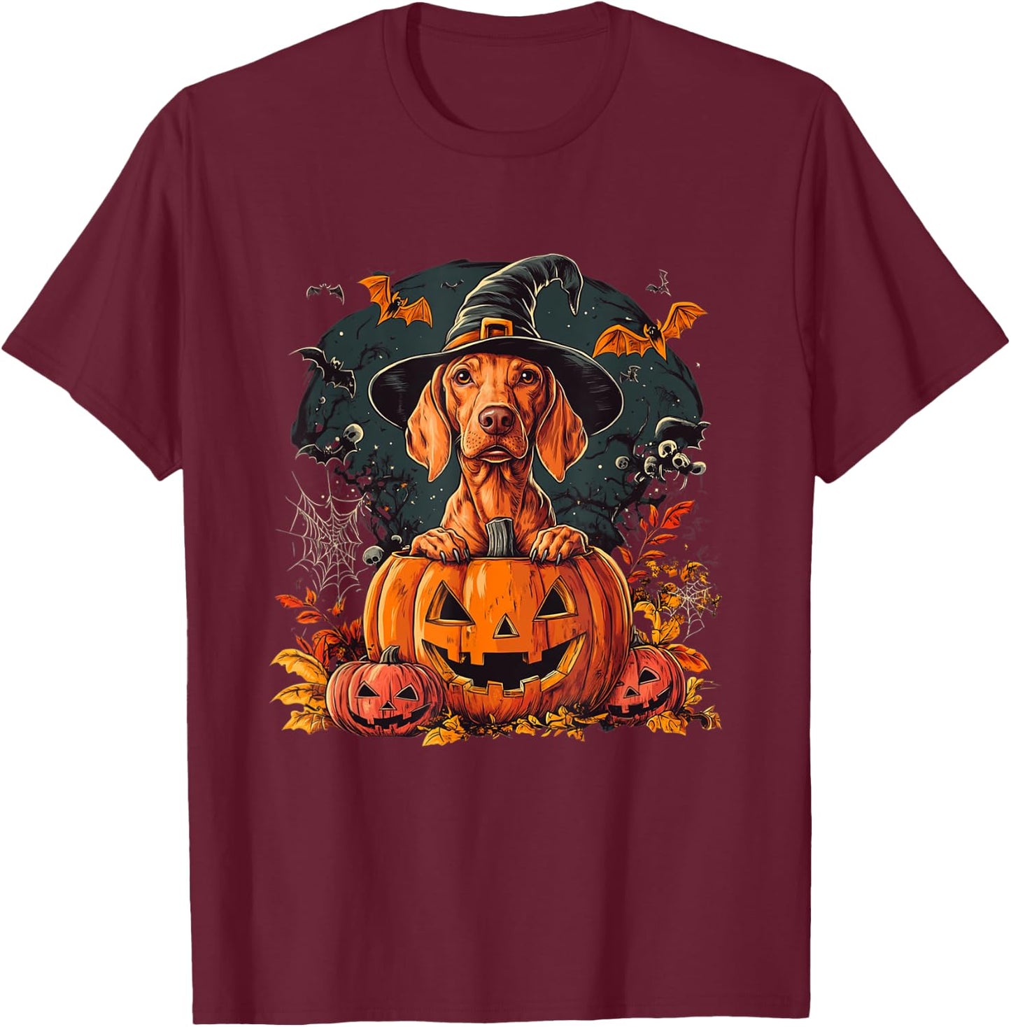 Vizsla Dog Pumpkin Halloween Thanksgiving T-Shirt - T-Shirt | Maroon